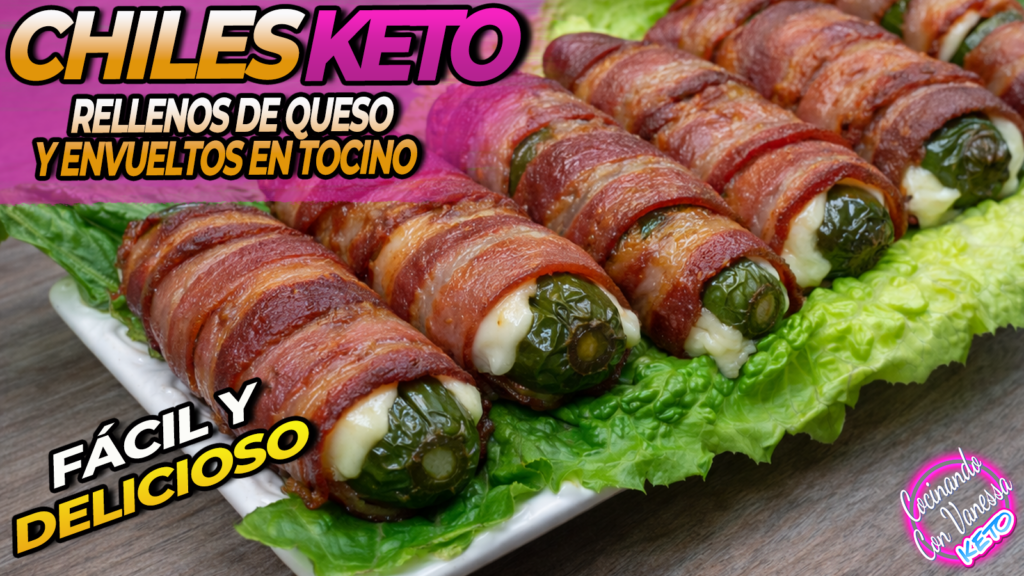 Chiles keto rellenos de queso envueltos en tocino crujientes en freidora de aire