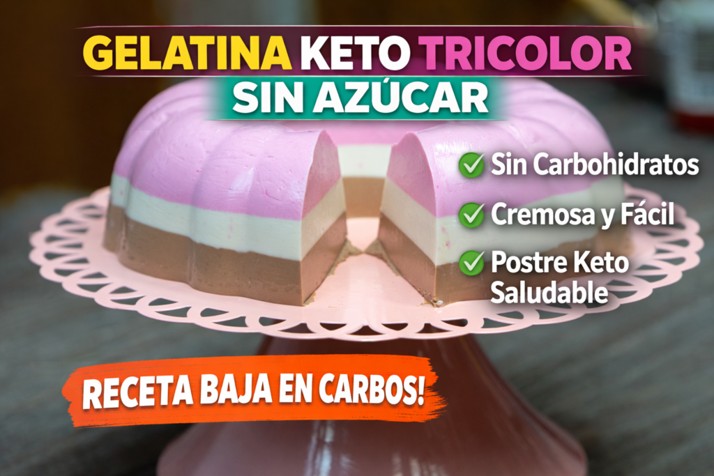 Gelatina keto tricolor sin azúcar en molde redondo con tres capas de colores pastel