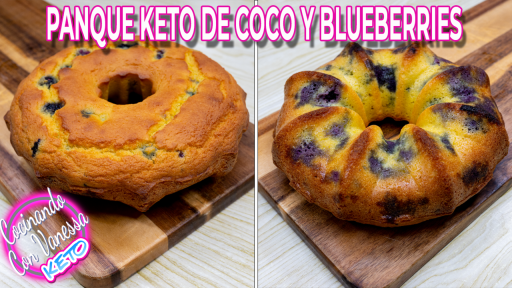 Panqué keto de coco y blueberries esponjoso horneado en molde bundt bajo en carbohidratos