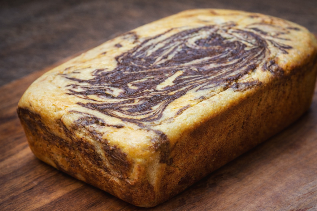 Panqué keto marmolado bajo en carbohidratos recién horneado