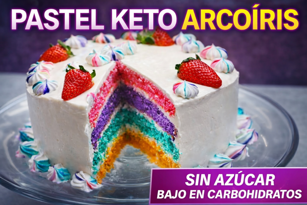 pastel keto arcoiris bajo en carbohidratos decorado con capas de colores