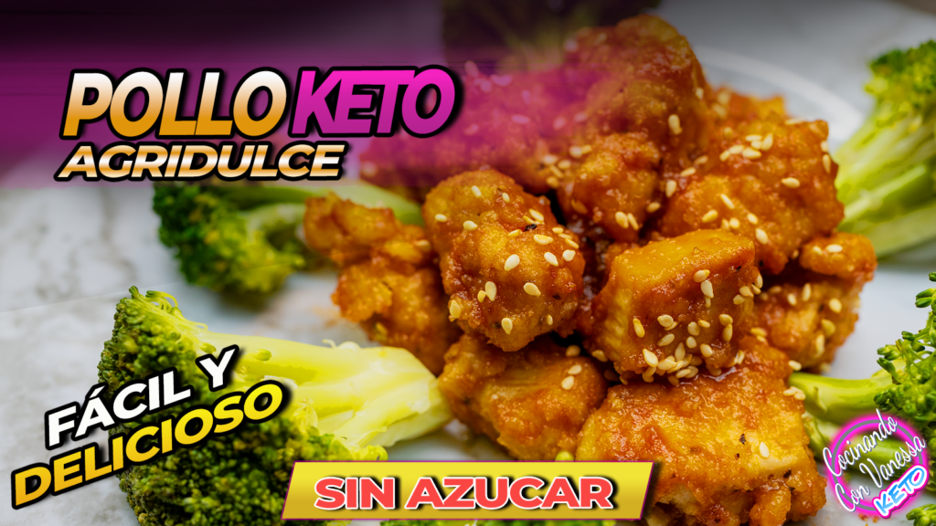 Pollo keto agridulce estilo General Tso servido con brócoli en plato blanco